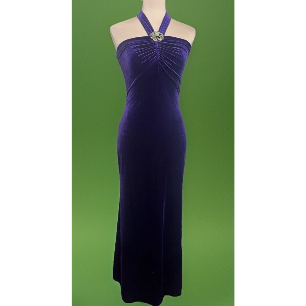 Vintage 1990s Jessica McClintock Gunne Sax Purple Velvet Halter Maxi Dress USA S